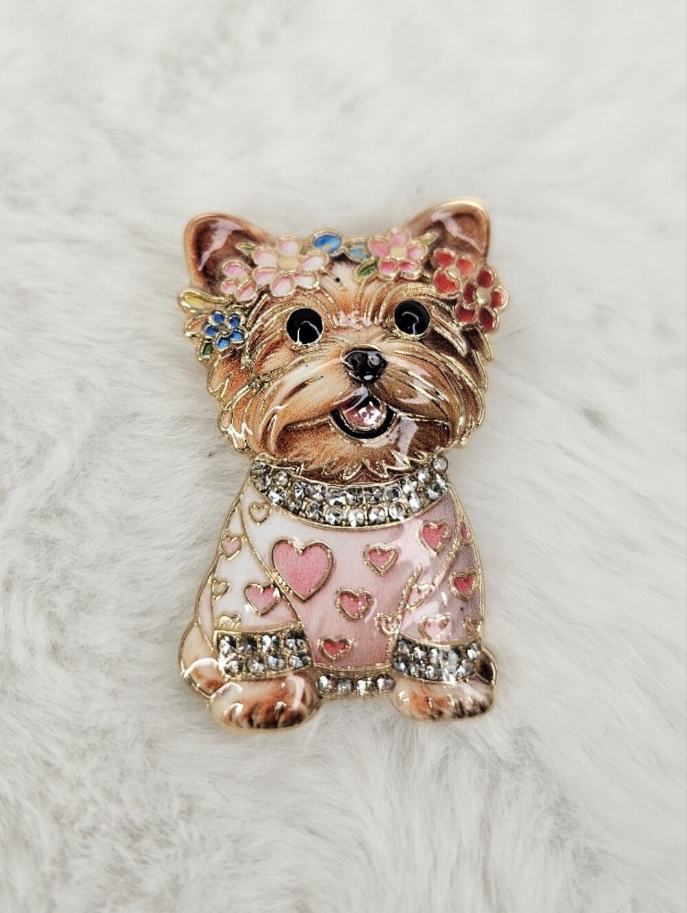 Pink Dog Brooch Pin with Heart Accents
